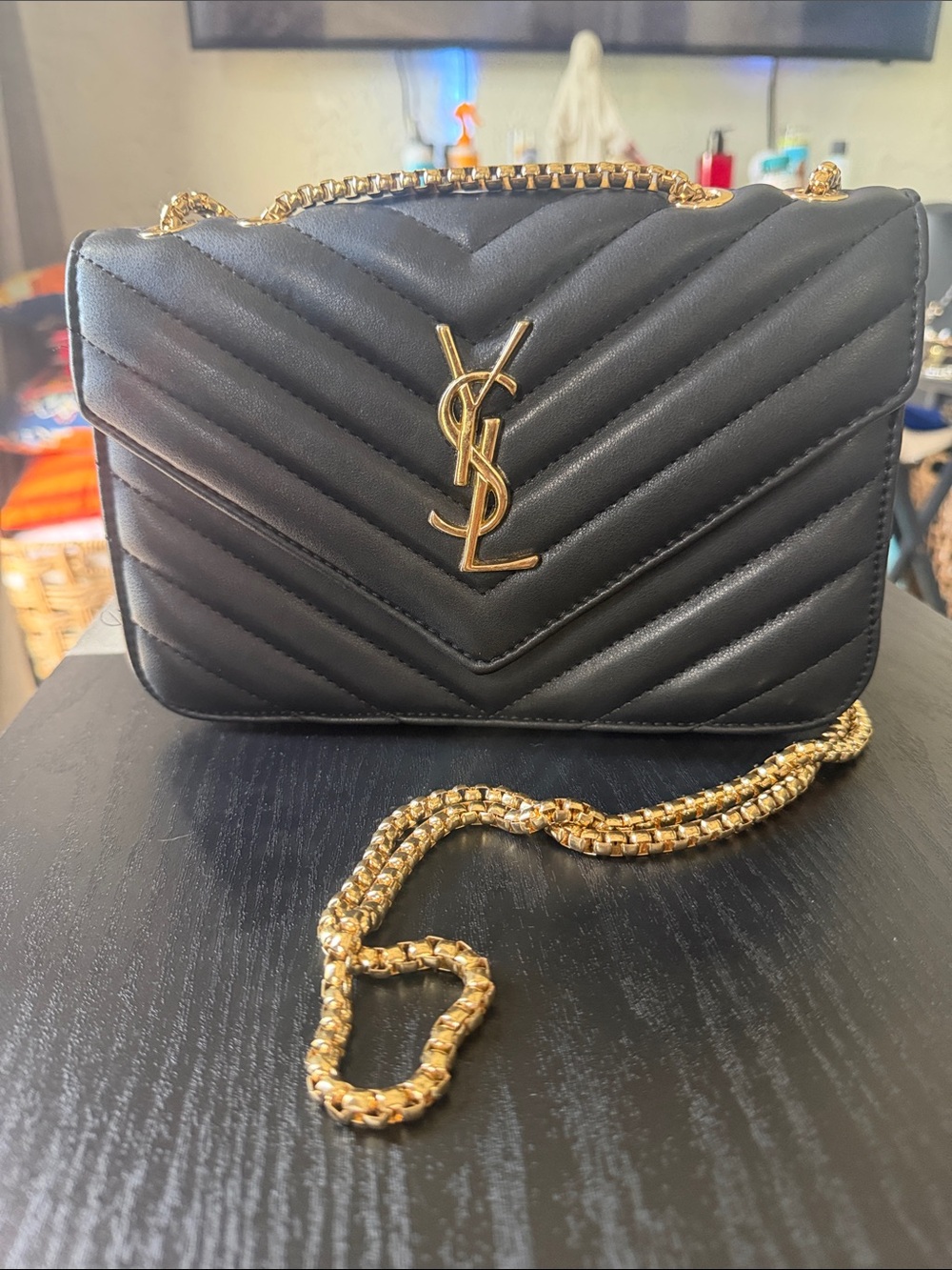 Saint Laurent "style "Black Quilted Leather Crossbody with Gold Chain